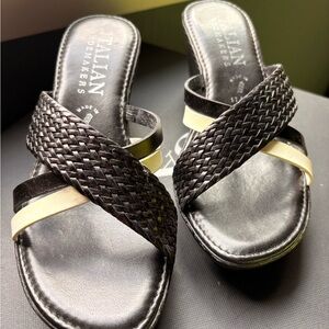 Italian Shoemakers Black Woven Slide Mules with Cream Strap